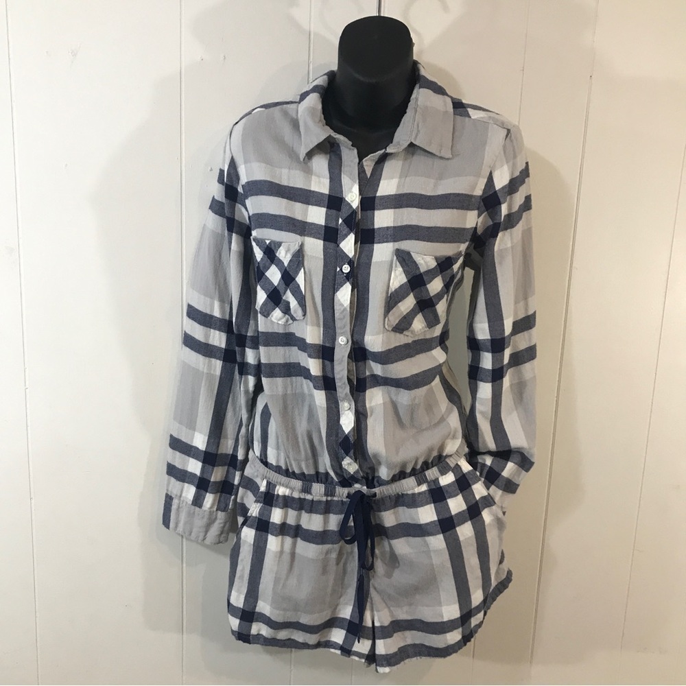 Aerie Grey and Blue Plaid Flannel Long Sleeve Sleep Romper Coverup Large